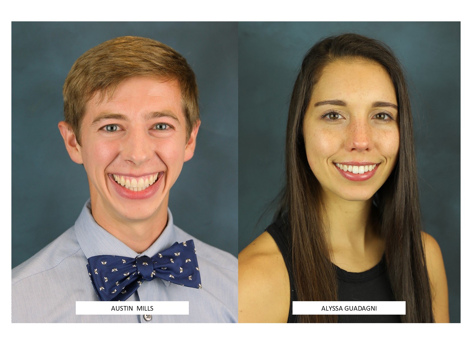 Side-by-side professional headshots of Award Winners Austin Mills in a blue shirt and bow tie, and Alyssa Guadagni in a black sleeveless top, both smiling. Name labels highlight their recognition in a groundbreaking Obesity Research Initiative.